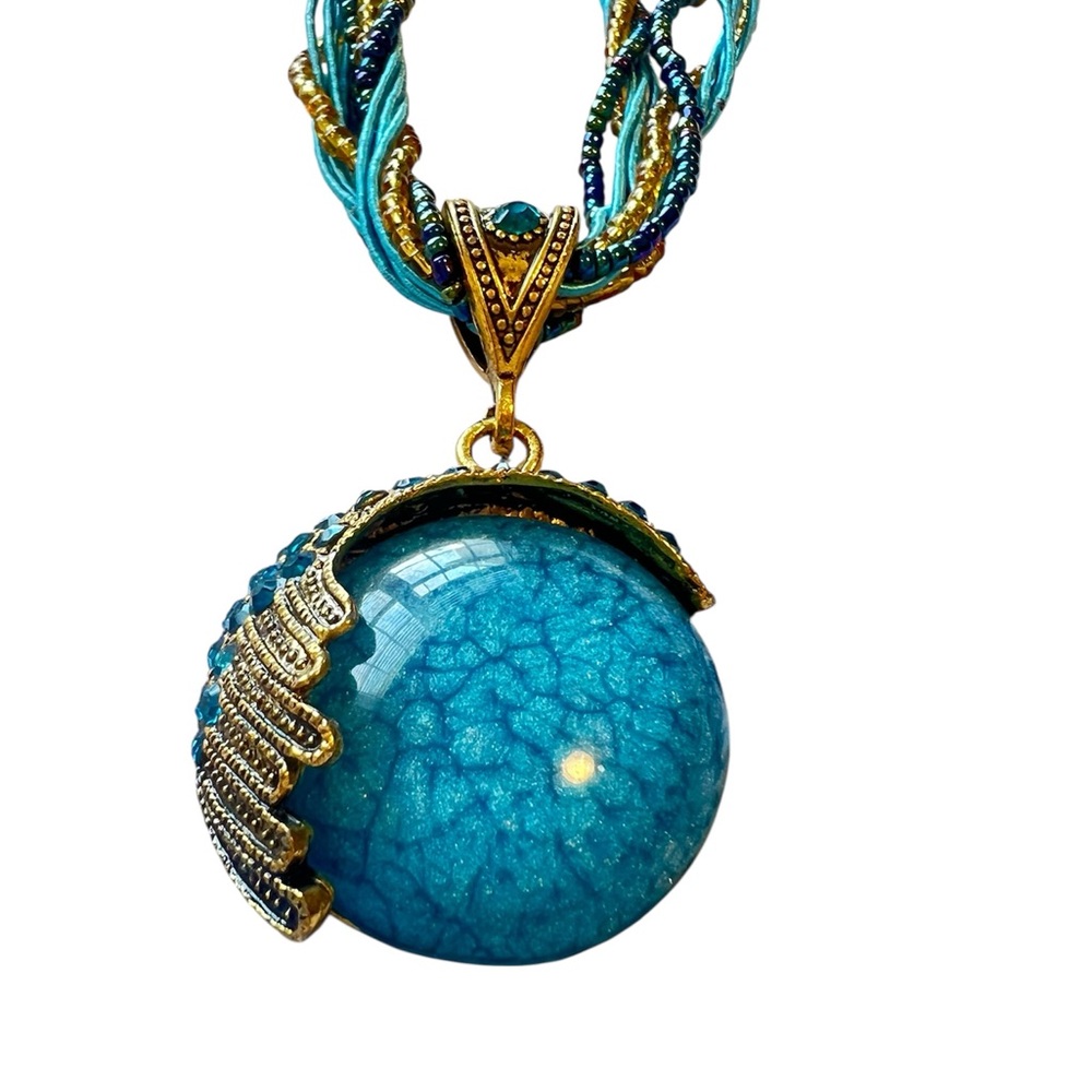 Bohemian Blue & Gold Resin Pendant Necklace with Rhinestone accents - Picture 2 of 4